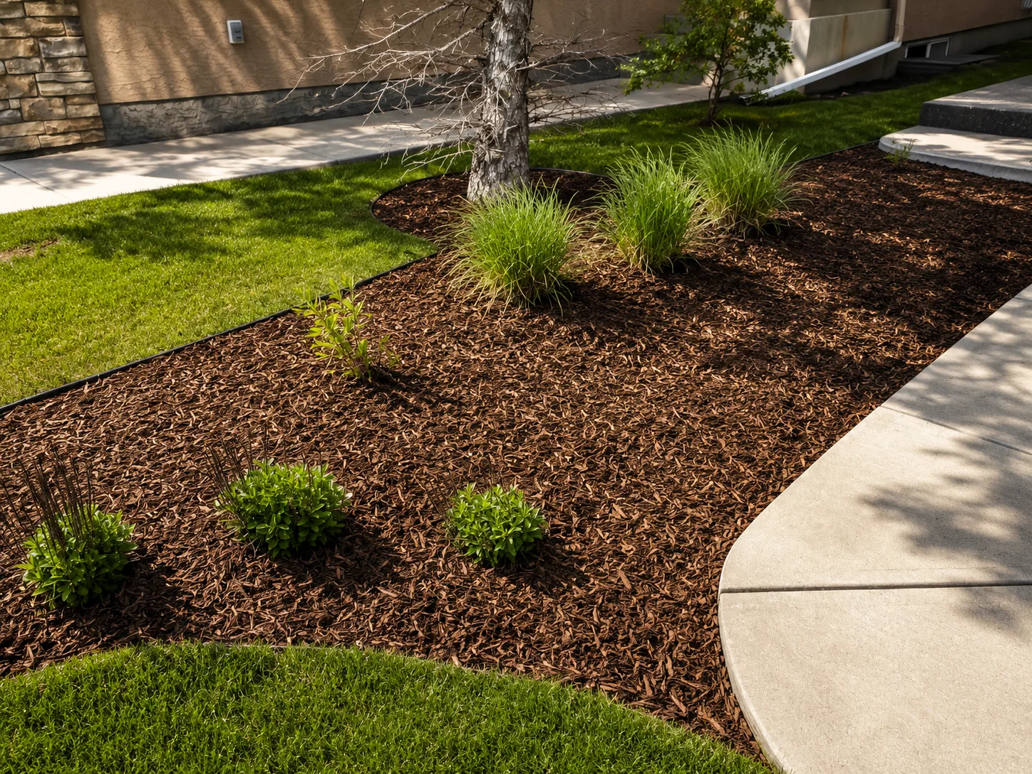 Fresh mulch bed installed by Somerset Lawn and Snow in Calgary